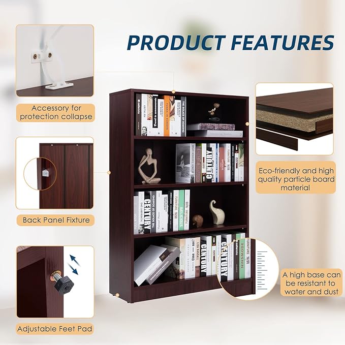 Farini Mahogany Bookshelf for Bedroom 4 Shelf Office Bookcase 48 Inches Tall Modern Wood Bookshelf for Living Room 4 Tier Wide Manga Bookshelf Library Bookcase - LeafyLoom