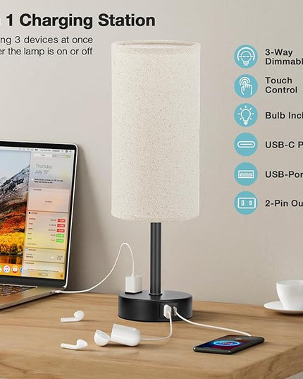 Beige Touch Table Lamp for Bedroom - 3 Way Dimmable Bedside Lamp USB C Charging Ports and AC Outlet, Small Lamp with Fabric Shade Black Base for Living Room, Office Desk, LED Bulb Included - LeafyLoom
