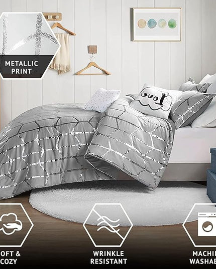 Intelligent Design Raina King / Cal King Comforter Set, Soft Microfiber Comforter Set King, Modern Geometric Metallic Bed Set, 5 Pieces College Bedding Comforter Set with 2 Shams, 2 Toss Pillows Grey - LeafyLoom