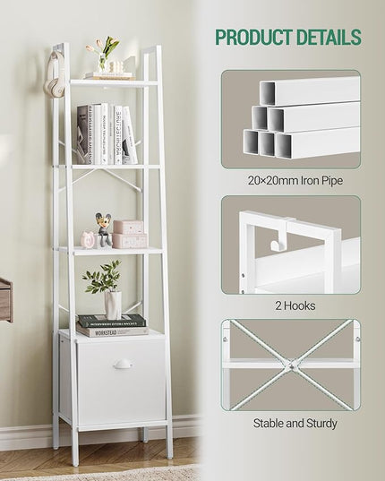 Narrow Bookshelf Bookcase with Drawer, Ladder Shelf with 2 Hooks, Bookshelves Storage Organizer, Freestanding Display Standing for Home Office, Bedroom, 5 Tier White BC19513W - LeafyLoom