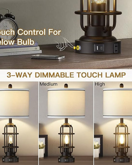 Modern Table Lamps Set of 2, Industrial 3-Way Dimmable Bedside Lamp with USB A+C Ports & AC Outlet, 25" Touch Control Nightstand Lamp LED Night Light for Living Room Bedroom Home(4 Bulbs Included) - LeafyLoom
