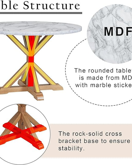 NicBex Small Dining Table Set for 4 Round Dining Table Set 5-Piece Dining Table Set, Marble Sticker and Cross Bracket Pedestal Dining Table, and 4 Upholstered Chairs, White+Walnut - LeafyLoom