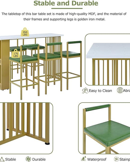 7-Piece Multi-Functional Modern Counter Height Dining Bar Table Set with Open Shelves and 6 Upholstered Stools with Gold Metal Frame for Home Pub Kitchen Room (White+Green) - LeafyLoom