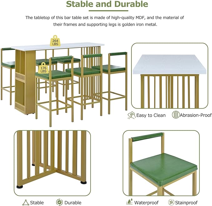 7-Piece Multi-Functional Modern Counter Height Dining Bar Table Set with Open Shelves and 6 Upholstered Stools with Gold Metal Frame for Home Pub Kitchen Room (White+Green) - LeafyLoom