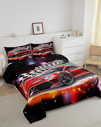 Feelyou Speed Sports Car Comforter Set Queen Size Extreme Sports Bedding Set for Kids Boys Girls Decor Red Comforter Microfiber Checkerboard Quilt Set Bedroom Bedclothes… - LeafyLoom