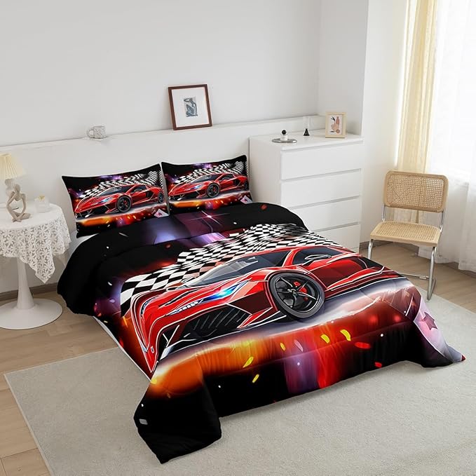 Feelyou Speed Sports Car Comforter Set Queen Size Extreme Sports Bedding Set for Kids Boys Girls Decor Red Comforter Microfiber Checkerboard Quilt Set Bedroom Bedclothes… - LeafyLoom