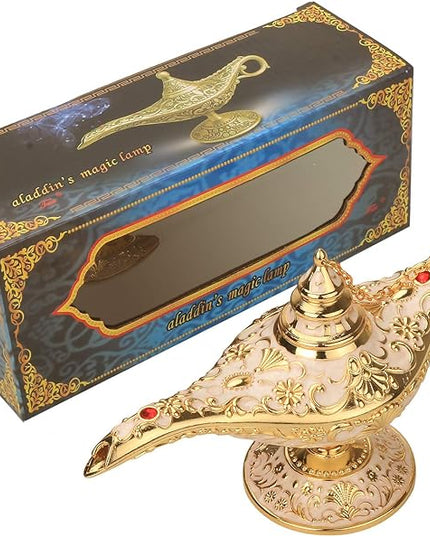 Classic Aladding Magic Genie Lamp Legend Wishing Light Costume Lamp Metal Carved Cone Incense Burner for Home Tabletop Decoration Party Birthday Halloween Christmas(Beige) - LeafyLoom