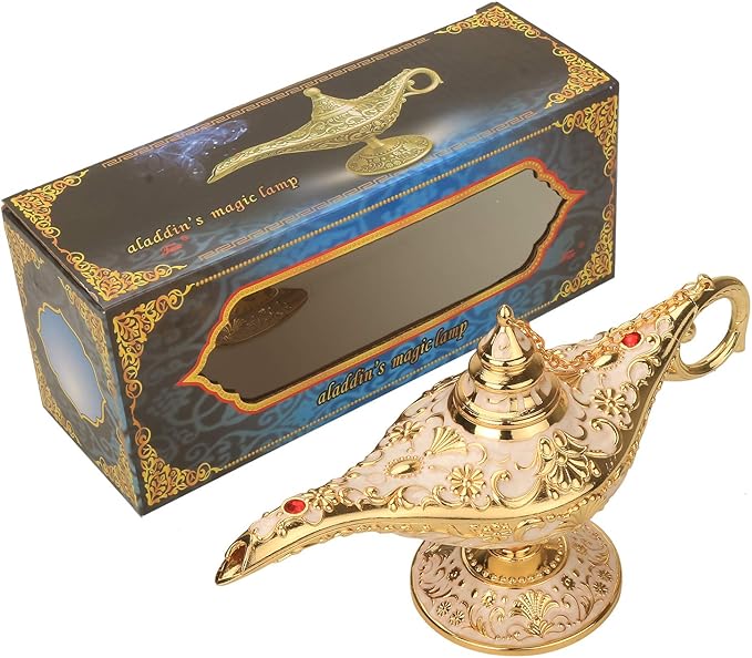 Classic Aladding Magic Genie Lamp Legend Wishing Light Costume Lamp Metal Carved Cone Incense Burner for Home Tabletop Decoration Party Birthday Halloween Christmas(Beige) - LeafyLoom