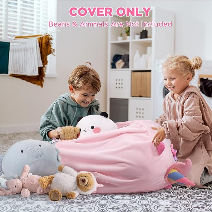 GAGAKU Stuffed Animal Bean Bag Cover Toy Storage, 24 Inches Kids Bean Bag Chair Cover ONLY Pink Unicorn Large Zipper Bean Bag for Organizing Kids Plush Toys Home Supplies (Cover Only) - LeafyLoom