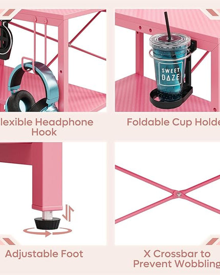 Bestier Pink Gaming Desk with Reversible Power Outlets, 55 inch LED Computer Desk with Monitor Stand & Adjustable Shelves, Writing Desk with Cup Holder & Hook for Home Office, Pink 3D Carbon Fiber - LeafyLoom