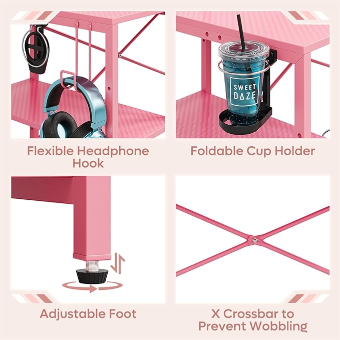 Bestier Pink Gaming Desk with Reversible Power Outlets, 55 inch LED Computer Desk with Monitor Stand & Adjustable Shelves, Writing Desk with Cup Holder & Hook for Home Office, Pink 3D Carbon Fiber - LeafyLoom