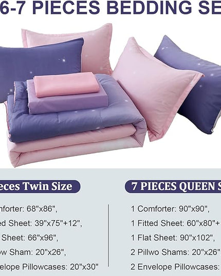 Girls Comforter Set Full Size Colorful Ombre Pink Purple Rainbow Bedding Set Bed in A Bag for Kid Teen Girls 7 Pieces (1 Comforter, 1 Flat Sheet, 1 Fitted Sheet, 2 Pillow shams, 2 Pillowcases) - LeafyLoom