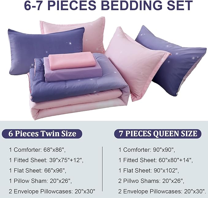 Girls Comforter Set Full Size Colorful Ombre Pink Purple Rainbow Bedding Set Bed in A Bag for Kid Teen Girls 7 Pieces (1 Comforter, 1 Flat Sheet, 1 Fitted Sheet, 2 Pillow shams, 2 Pillowcases) - LeafyLoom