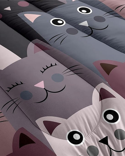 Cat Twin Comforter Set for Bedroom - 2Pcs Grey Cat Comforter Set for Teens Kids Cute Cartoon Cat Bedding Set Ultra Soft Warm Lightweight Kawaii Animal Patterns Comforter with Pillowcase - LeafyLoom