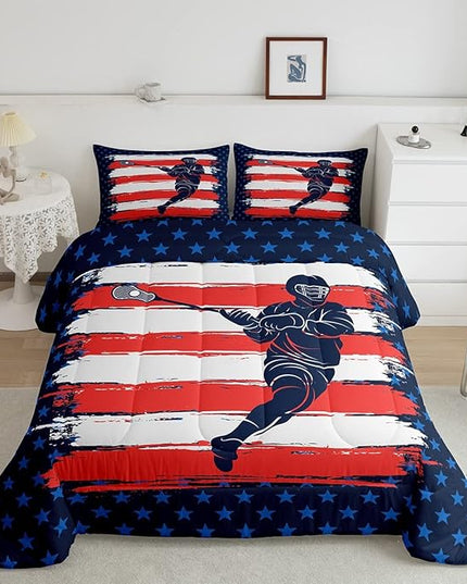 Feelyou Lacrosse Comforter Set Queen Size Boys Gilrs American Flag Sports Theme Bedding Set for Kids Adults Ultra Soft Lacrosse Player Games Comforter Navy Blue Duvet Set Room Decor Quilt Set - LeafyLoom