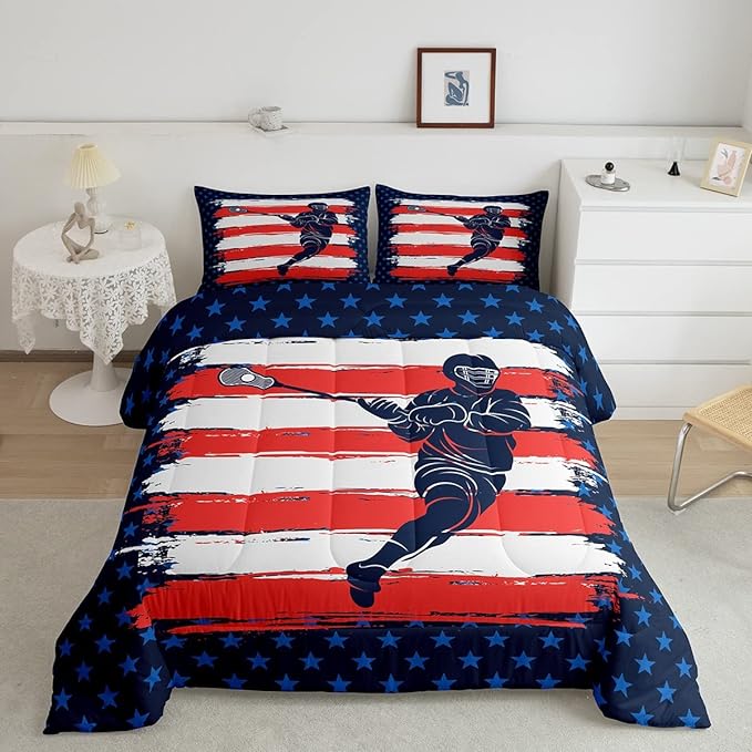 Feelyou Lacrosse Comforter Set Queen Size Boys Gilrs American Flag Sports Theme Bedding Set for Kids Adults Ultra Soft Lacrosse Player Games Comforter Navy Blue Duvet Set Room Decor Quilt Set - LeafyLoom