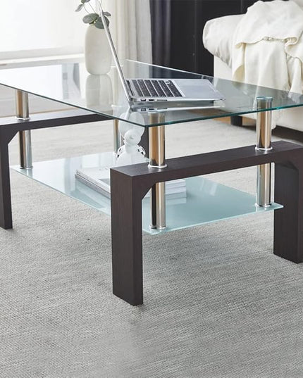 Walnut Rectangular Coffee Table, 39.5in x 23.5in x 17.5in, Glass Tabletop with Lower Shelf, Adjustable Bottom Corners - LeafyLoom
