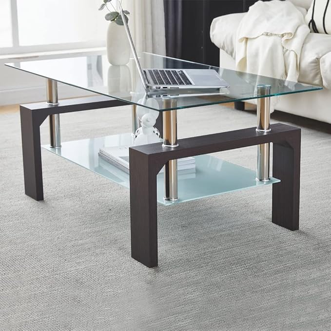 Walnut Rectangular Coffee Table, 39.5in x 23.5in x 17.5in, Glass Tabletop with Lower Shelf, Adjustable Bottom Corners - LeafyLoom