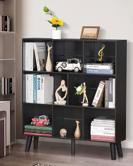 YAHARBO 8 Cube Bookshelf,3 Tier Bookcase with Legs,Black Mid-Century Modern Bookshelves,Large Free Standing Open Storage Organizer Shelf,Tall Wooden Book Case Furniture for Bedroom,Living Room,Office - LeafyLoom