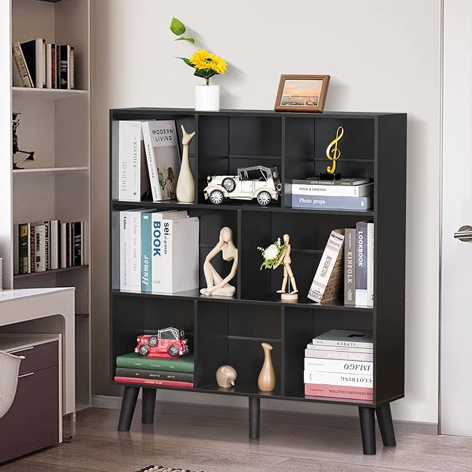 YAHARBO 8 Cube Bookshelf,3 Tier Bookcase with Legs,Black Mid-Century Modern Bookshelves,Large Free Standing Open Storage Organizer Shelf,Tall Wooden Book Case Furniture for Bedroom,Living Room,Office - LeafyLoom