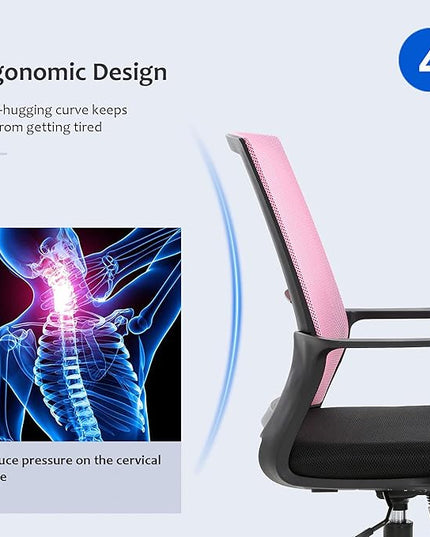 Office Chair Ergonomic Desk Task Chair Mesh Computer Chair Mid-Back Mesh Home Office Swivel Chair Modern Executive Chair with Wheels Armrests Lumbar Support (Pink) - LeafyLoom