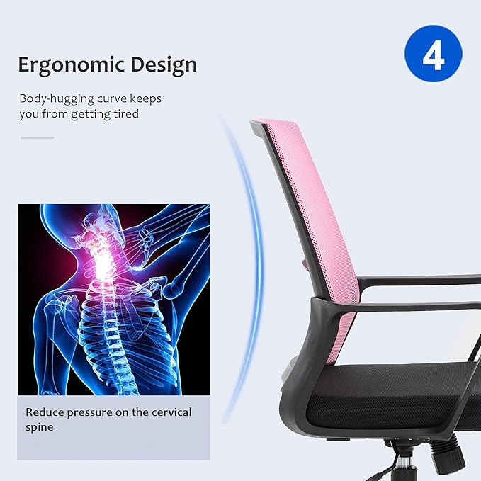 Office Chair Ergonomic Desk Task Chair Mesh Computer Chair Mid-Back Mesh Home Office Swivel Chair Modern Executive Chair with Wheels Armrests Lumbar Support (Pink) - LeafyLoom