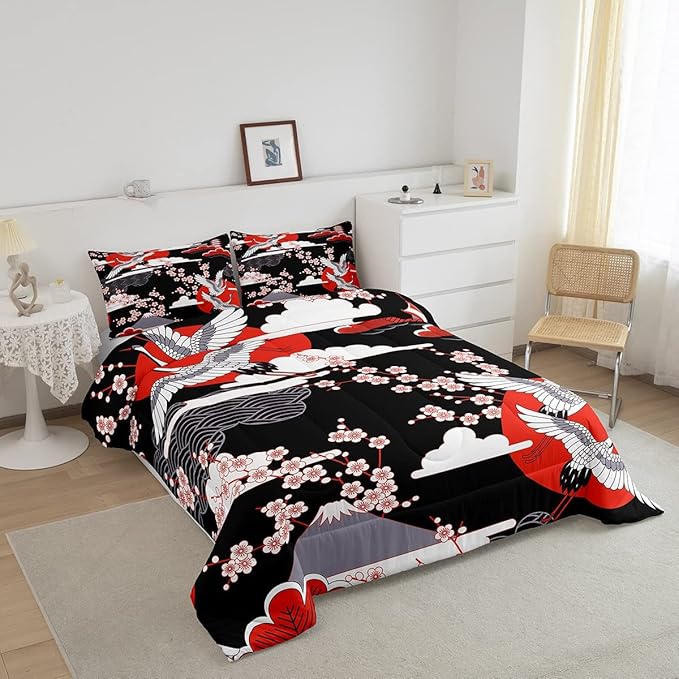 Japanese-Style Comforter Set King Size Pink Cherry Blossoms Bedding for Boys Girls Women Soft Microfiber 3 Pieces Quilted Duvet Ukiyoe Theme Down Comforter Japanese Traditional Pattern Quilt - LeafyLoom