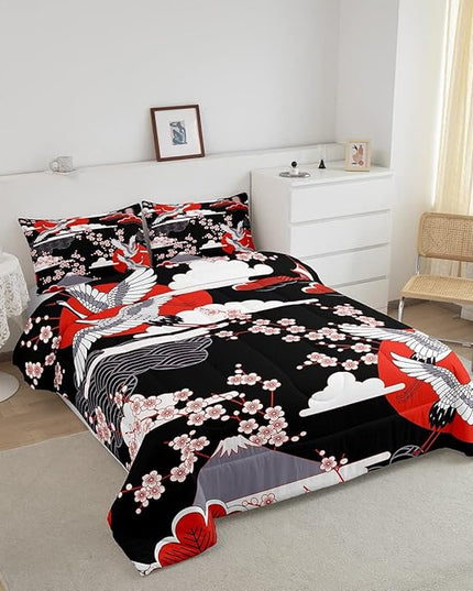 Japanese-Style Comforter Set Queen Size Crane Printed Cherry Blossoms Decor Down Comforter, for Adult Women Girls Teens Japanese Traditional Pattern Quilted Duvet Ukiyoe Theme Bedding Comforter - LeafyLoom