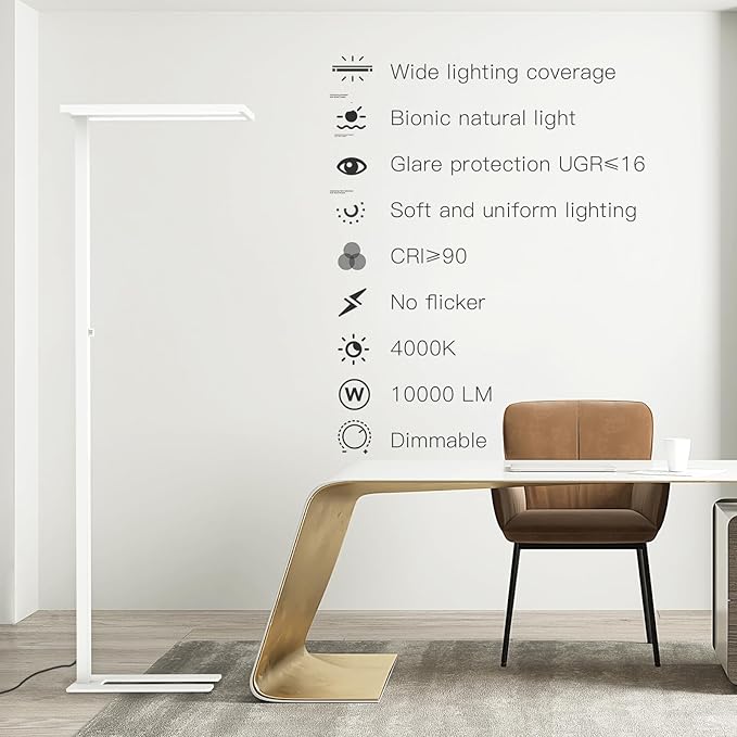 STERREN 76" Led Floor Lamp,80W White Modern Free-Standing Lamp,10000LM Dimmable Eye-Care Tall Reading Lamp for Reading Study Room,Office,Meeting Room,4000K Natural Daylight - LeafyLoom