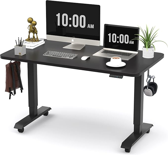 Monomi Electric Height Adjustable Standing Desk, 48x24 Inches, Ergonomic Home Office Sit/Stand Up Desk (Black Steel Frame/Black Top) - LeafyLoom