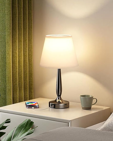Kakanuo Touch Bedside Lamp for Bedroom with USB C Port, Small Touch Table Lamp with 2 USB Charging Ports, 3 Way Dimmable Nightstand Lamp for Living Room and Office - White (LED Bulb Included) - LeafyLoom