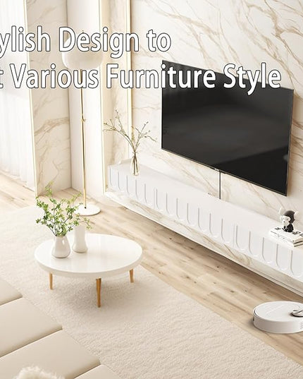 Floating TV Stand, 65'' High Gloss Wall Mounted TV Cabinet, Floating TV Shelves with Door & Drawers, Modern Entertainment Media Console Center Large Storage TV Bench for Living Room (White) - LeafyLoom