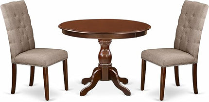 East West Furniture HBEL3-MAH-16 Hartland 3 Piece Room Furniture Set Contains a Round Dining Table with Pedestal and 2 Dark Khaki Linen Fabric Upholstered Chairs, 42x42 Inch - LeafyLoom