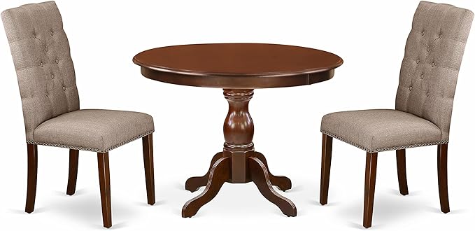 East West Furniture HBEL3-MAH-16 Hartland 3 Piece Room Furniture Set Contains a Round Dining Table with Pedestal and 2 Dark Khaki Linen Fabric Upholstered Chairs, 42x42 Inch - LeafyLoom