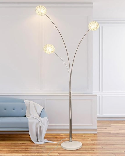 Depuley 3-Light Modern LED Floor Lamp, Adjustable Metal Tall Standing Lamps with Marble Base, Dimmable Arc Floor Lamp with Flexible Rotating Lights for Living Room, Bedroom(Silver, G9 Bulbs Included) - LeafyLoom