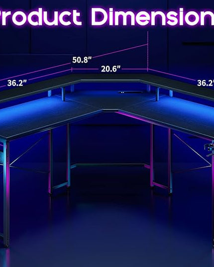 ODK L Shaped Gaming Desk with LED Lights & Power Outlets, 51" Computer Desk with Full Monitor Stand, Corner Desk with Cup Holder, Gaming Table with Hooks, Black - LeafyLoom