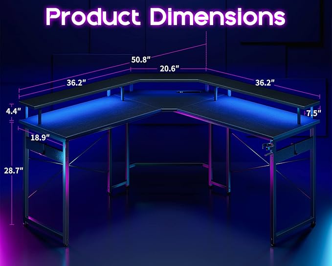 ODK L Shaped Gaming Desk with LED Lights & Power Outlets, 51" Computer Desk with Full Monitor Stand, Corner Desk with Cup Holder, Gaming Table with Hooks, Black - LeafyLoom