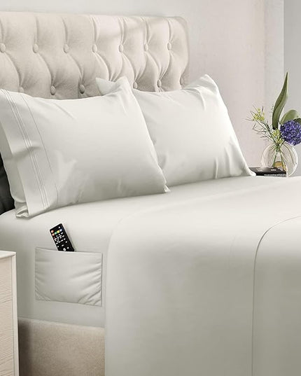 DREAMCARE Full Size Sheets - Cooling Bed Sheets - 4pcs Set - up to 15" Deep Pocket Full Sheet Set - Sheets Full Size Bed - Soft & Long Lasting 100% Fine Brushed Polyester with Side Pocket - Ivory - LeafyLoom