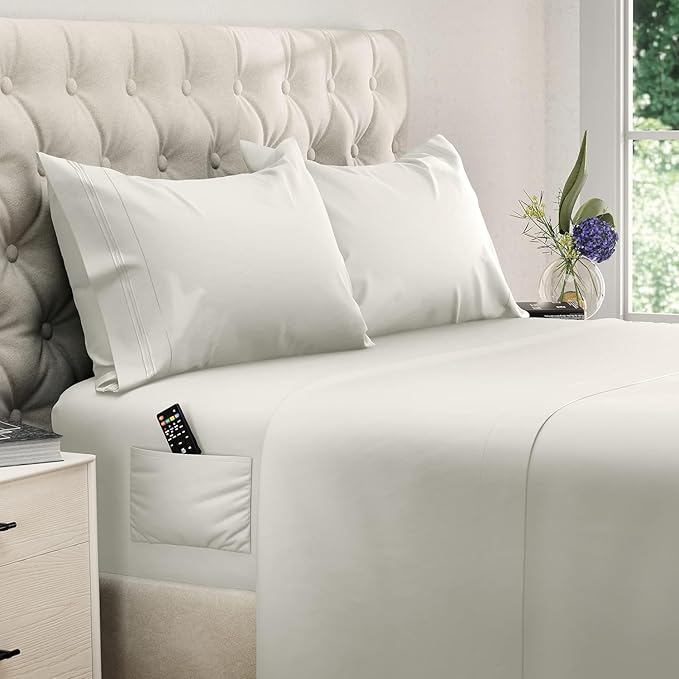 DREAMCARE Full Size Sheets - Cooling Bed Sheets - 4pcs Set - up to 15" Deep Pocket Full Sheet Set - Sheets Full Size Bed - Soft & Long Lasting 100% Fine Brushed Polyester with Side Pocket - Ivory - LeafyLoom