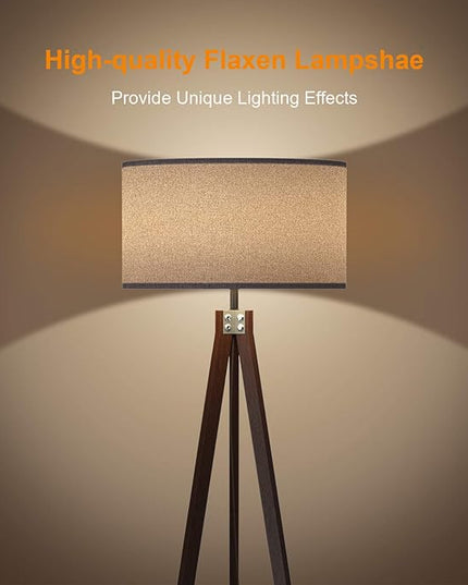 LEPOWER Wood Floor Lamp Tripod, Mid Century Standing Lamp, Modern Design Reading Floor Lamp for Living Room, Bedroom and Office, Flaxen Lamp Shade with E26 Lamp Base（Walnut） - LeafyLoom