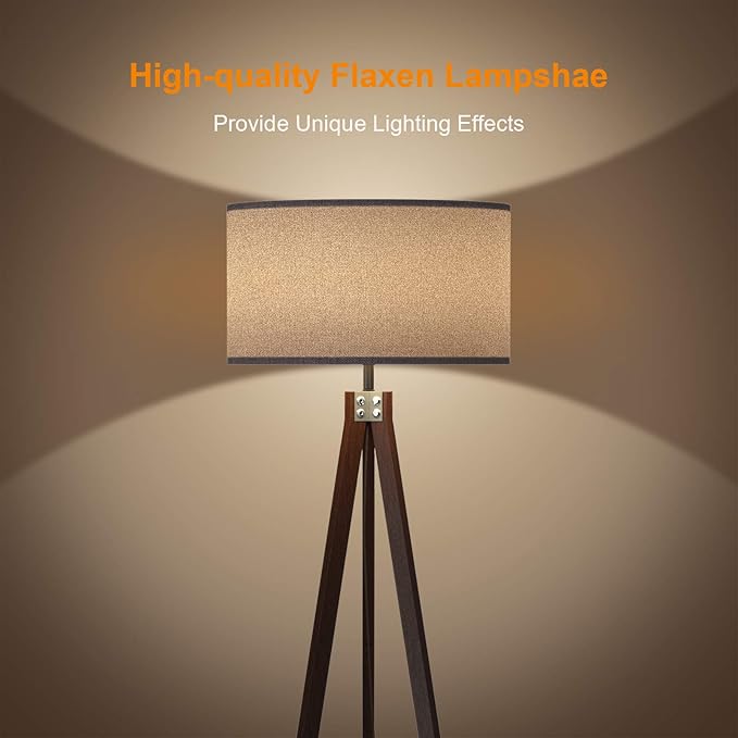 LEPOWER Wood Floor Lamp Tripod, Mid Century Standing Lamp, Modern Design Reading Floor Lamp for Living Room, Bedroom and Office, Flaxen Lamp Shade with E26 Lamp Base（Walnut） - LeafyLoom