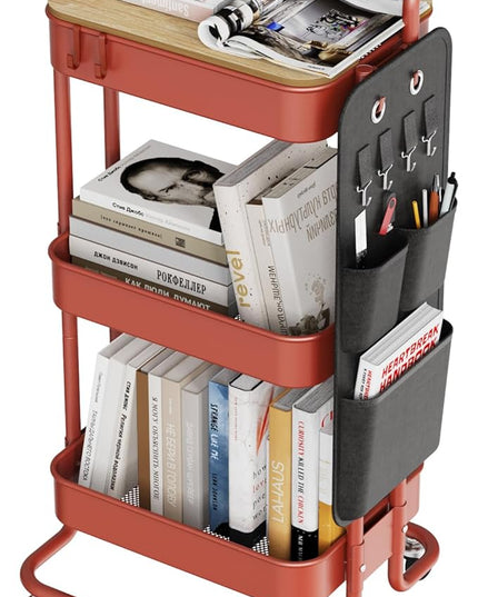 DTK 3 Tier Metal Utility Rolling Cart with Table Top and Side Bags, Tray Storage Organizer Wheels, Art Craft 4 Hooks for Kitchen Bathroom Office Living Room(Red) - LeafyLoom
