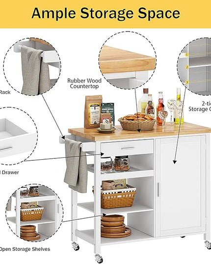 SogesGame Kitchen Island with Storage, Rolling Kitchen Island Cart on Wheels with Drawer, Mobile Kitchen Island with 1-Door Storage Cabinet and 3-Tier Shelves for Living Room, Wine Shelf, Towel Rack - LeafyLoom