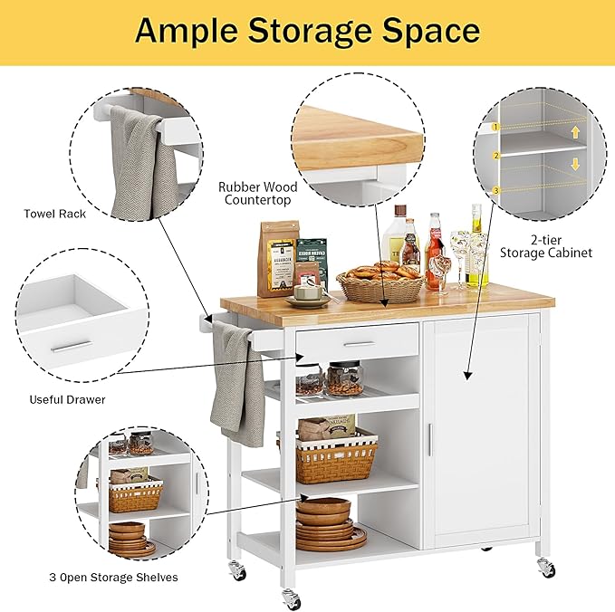 SogesGame Kitchen Island with Storage, Rolling Kitchen Island Cart on Wheels with Drawer, Mobile Kitchen Island with 1-Door Storage Cabinet and 3-Tier Shelves for Living Room, Wine Shelf, Towel Rack - LeafyLoom