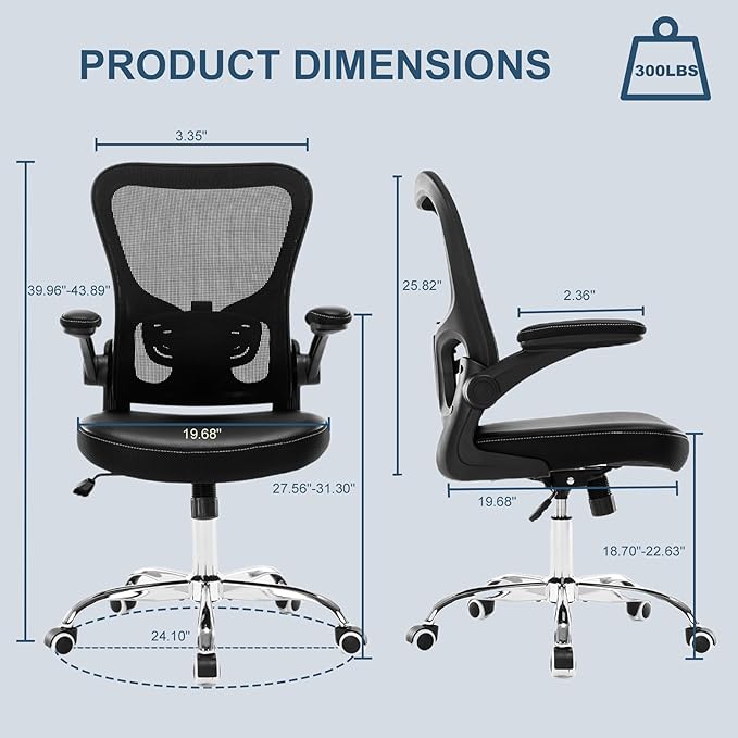 Office Chair, Ergonomic Desk Chair, PU Leather Padded Computer Chairs, Mesh Executive Chair with Lumbar Support Flip up Arms, Adjustable Height Home Task Swivel Rolling Chair,Black - LeafyLoom
