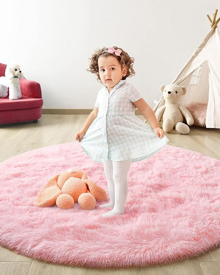 Pink Round Rug for Bedroom, Super Fluffy Circle Rugs for Baby Nursery, 4'X4' Feet Furry Carpet for Children Kids Room, Cute Soft Shaggy Rug for Girls Home Decor, Fuzzy Plush Carpets for Dorm - LeafyLoom