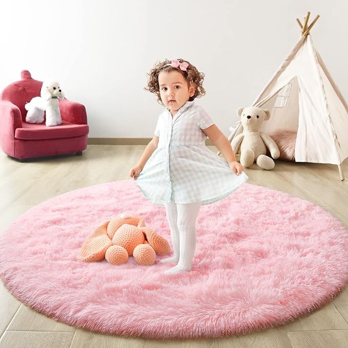 Pink Round Rug for Bedroom, Super Fluffy Circle Rugs for Baby Nursery, 4'X4' Feet Furry Carpet for Children Kids Room, Cute Soft Shaggy Rug for Girls Home Decor, Fuzzy Plush Carpets for Dorm - LeafyLoom