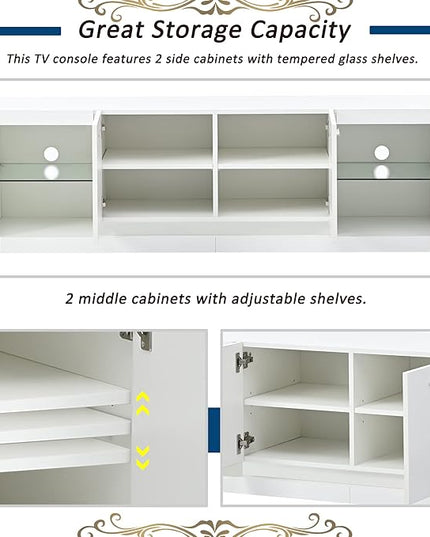 Merax Modern LED TV Stand with 2 Tempered Glass Shelves, High Gloss Entertainment Center for Televisions Up to 70”, Elegant Storage Cabinet with Color Changing Lights for Living Room, White - LeafyLoom