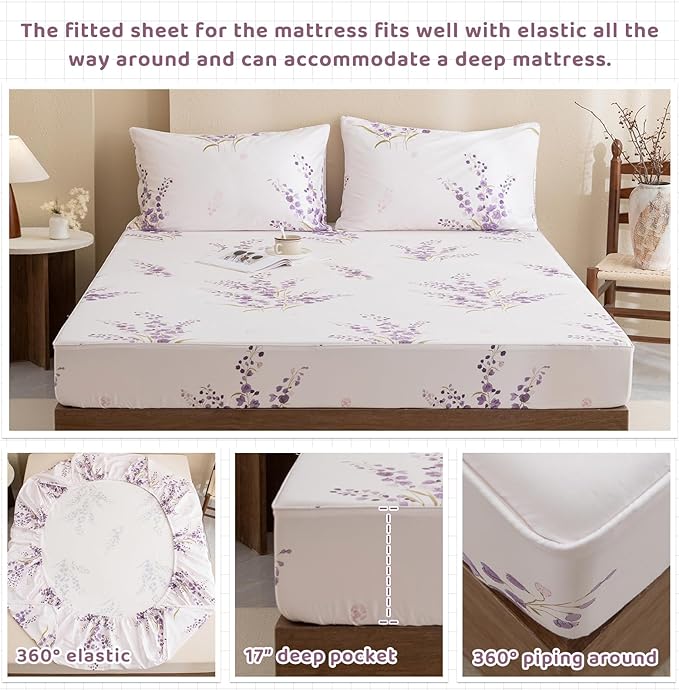 QSH Purple Floral Bed Sheets King Size 100% Egyptian Cotton Lavender Flower Bedding Sheets King Size Bedsheets Sets 17.5" Extra Deep Pocket 4pcs - LeafyLoom