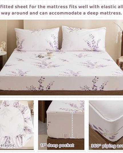 QSH Lavender Floral Bed Sheets Queen Size - 100% Egyptian Cotton Sheets Purple Flower Printed Bedding Sheets Queen Size Bed 4pcs Deep Pockets Bed Sheets - LeafyLoom
